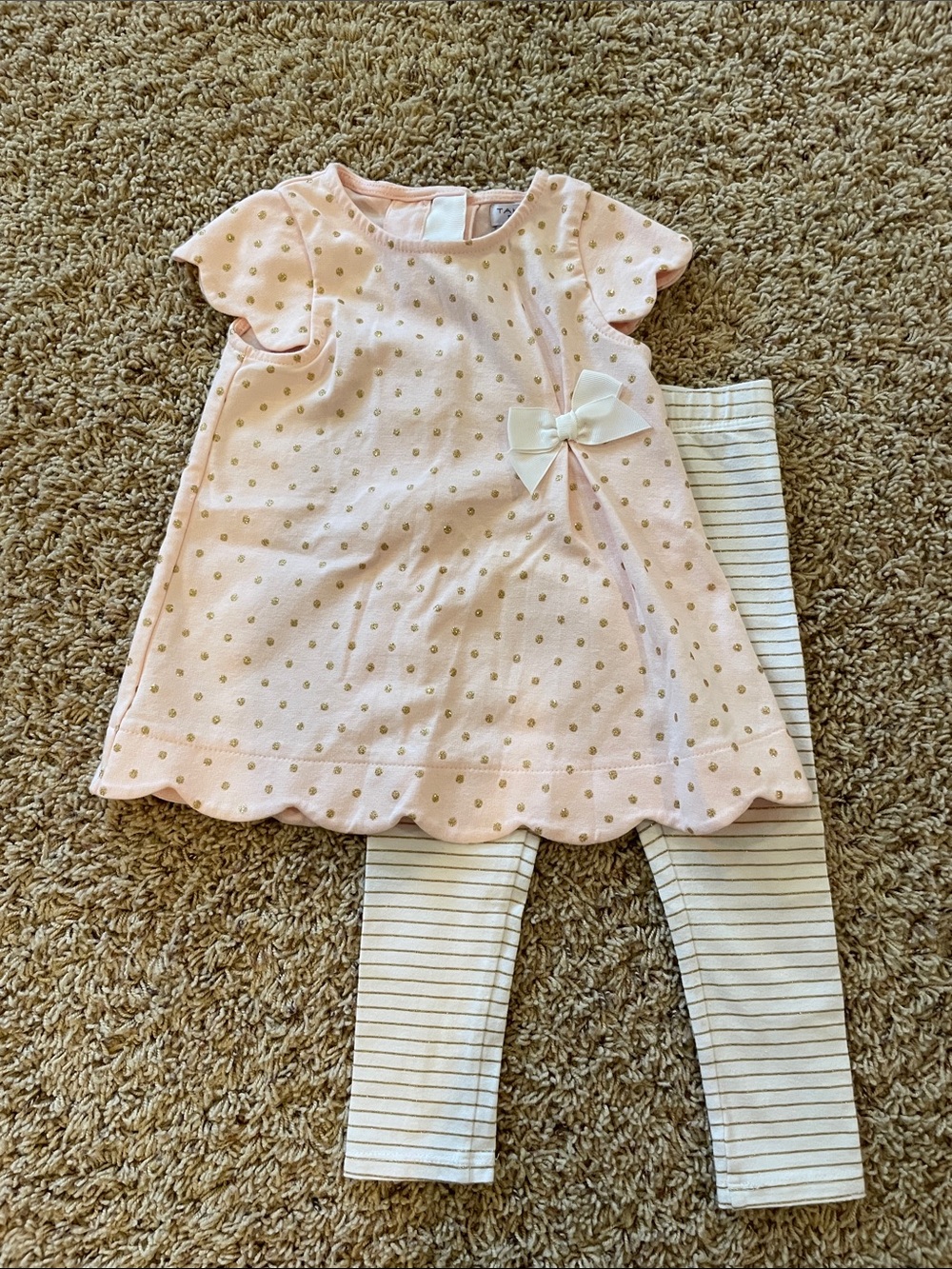 Baby Pink Polka Dot Dress & Striped Leggings Set Size 24M
